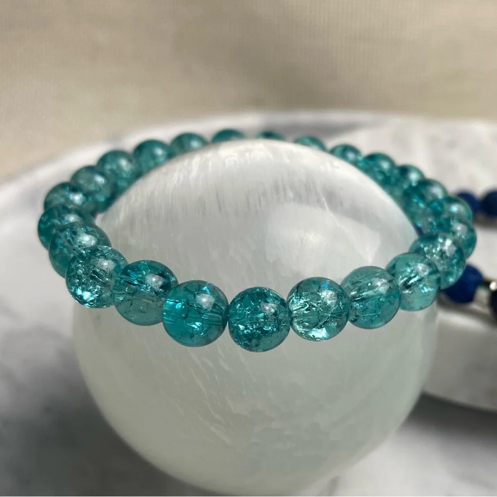 Gemstone Bracelet: Lava Stone + Blue Goldstone + Crackled Glass + Wave Charm - Picture 3 of 9